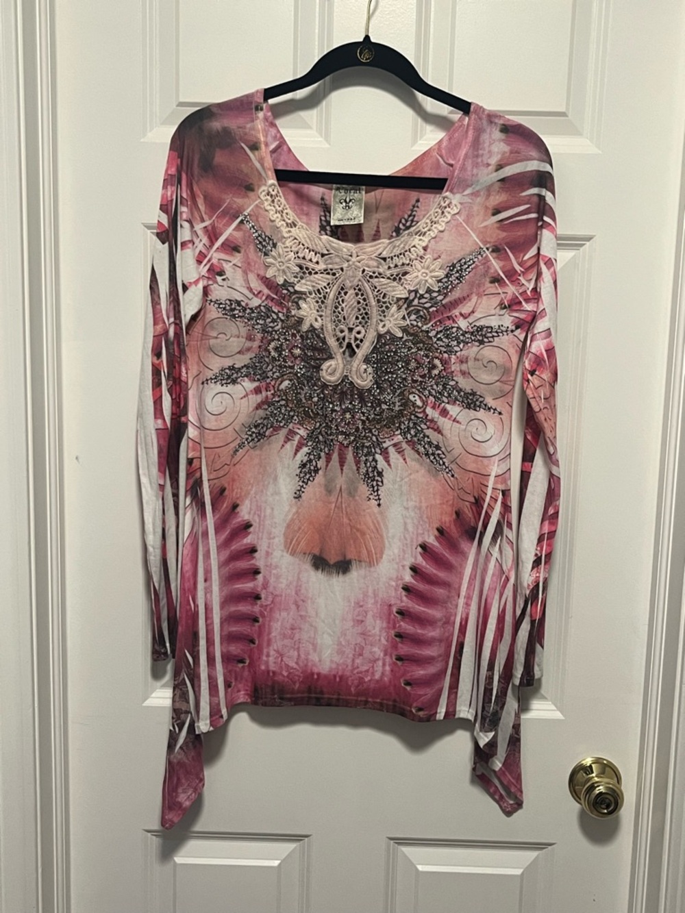 Y2K VOCAL Pink Women Crystal Crochet Tunic Shirt Size Large